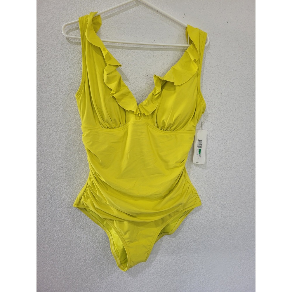 DKNY Ruffle Trim One Piece Swimsuit Ruched Tummy‎ Control Yellow L #18